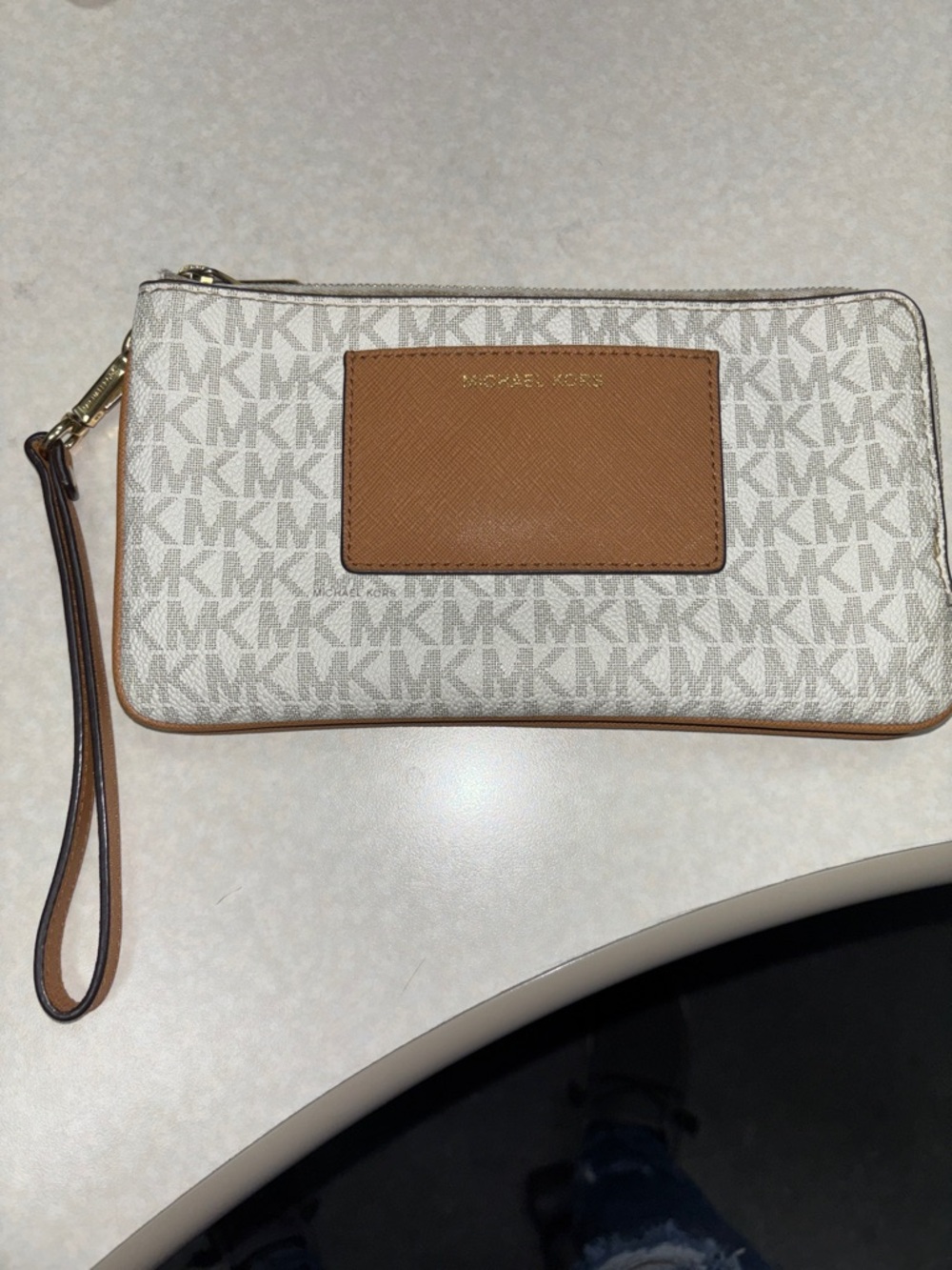 Michael Kors Monogram Wristlet - Cream & Brown with Gold Hardware